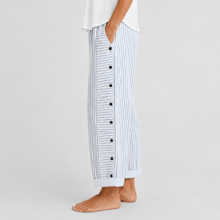 Women's Wide Leg Striped Pants with Side Button Detail and Roll-Up Hem
