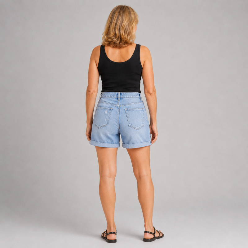 Women's High Waist Denim Shorts with Distressed Detail and Rolled Hem