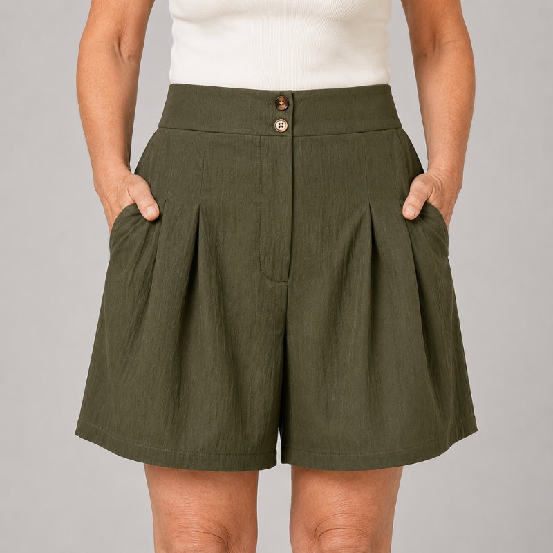 Women's High Waist Pleated Shorts with Two-Button Closure and Side Pockets