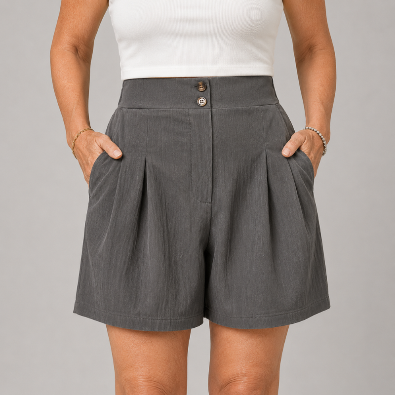 Women's High Waist Pleated Shorts with Two-Button Closure and Side Pockets
