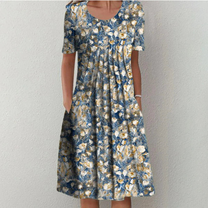 Women's Floral Print A-Line Midi Dress Short Sleeve