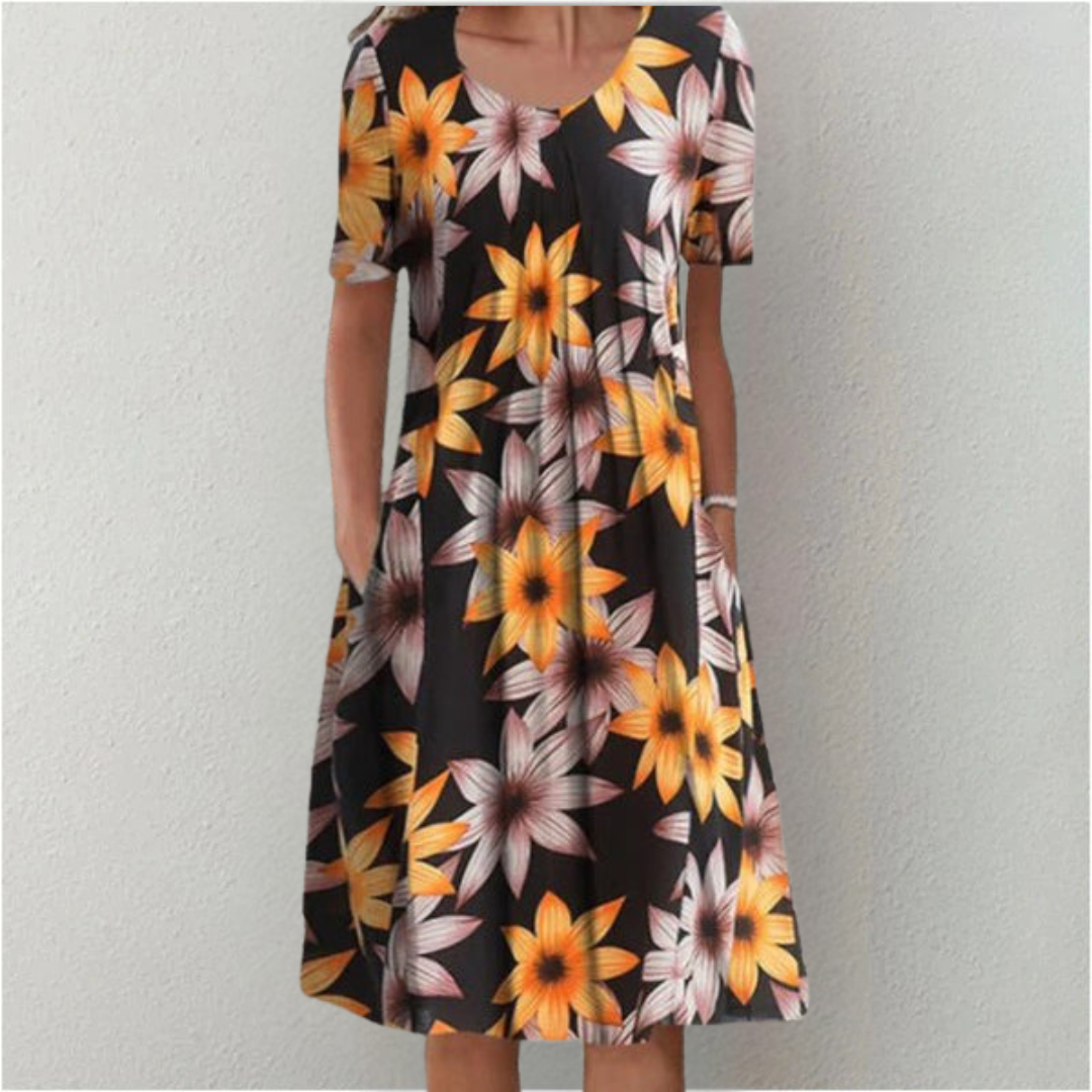Women's Floral Print A-Line Midi Dress Short Sleeve