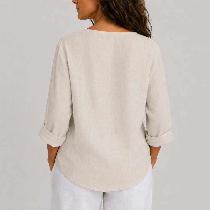 Women's Linen V-Neck Blouse Rolled Sleeve Single Button