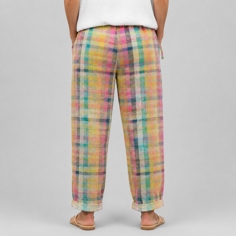 Women's Relaxed Fit Checked Trousers with Drawstring Waist and Rolled Hem