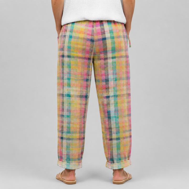 Women's Relaxed Fit Checked Trousers with Drawstring Waist and Rolled Hem