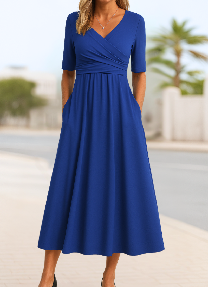 Wrap Front Midi Dress Short Sleeve V-Neck with Pockets