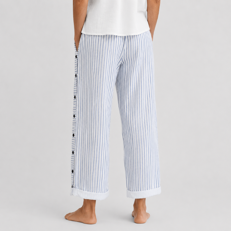 Women's Wide Leg Striped Pants with Side Button Detail and Roll-Up Hem