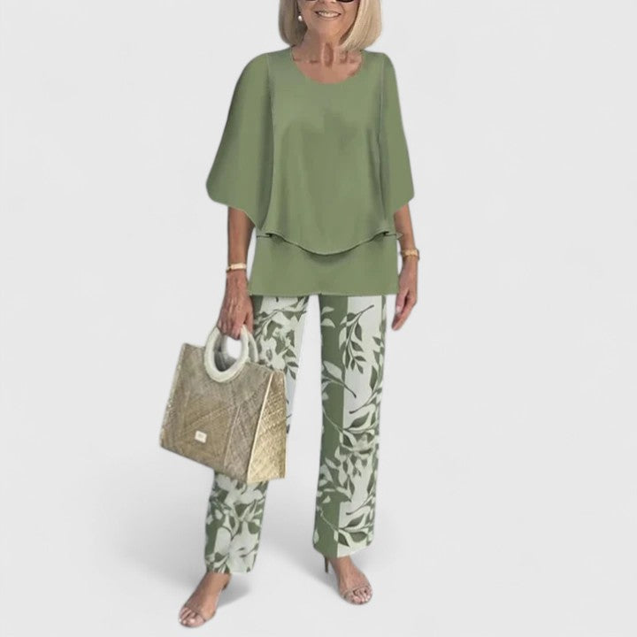 Women's Two-Piece Set with Layered Top and Printed Wide-Leg Pants