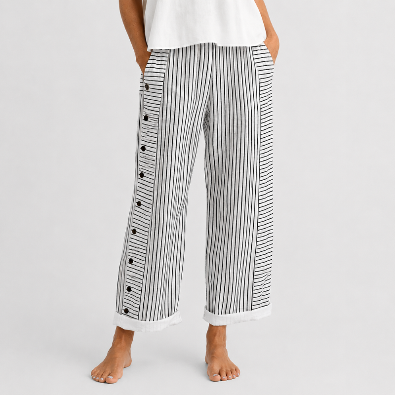 Women's Wide Leg Striped Pants with Side Button Detail and Roll-Up Hem