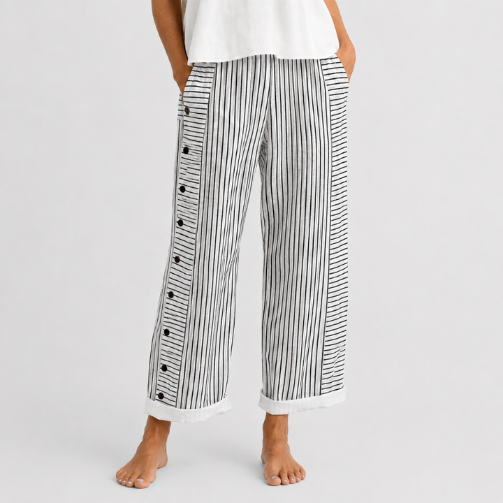 Women's Wide Leg Striped Pants with Side Button Detail and Roll-Up Hem