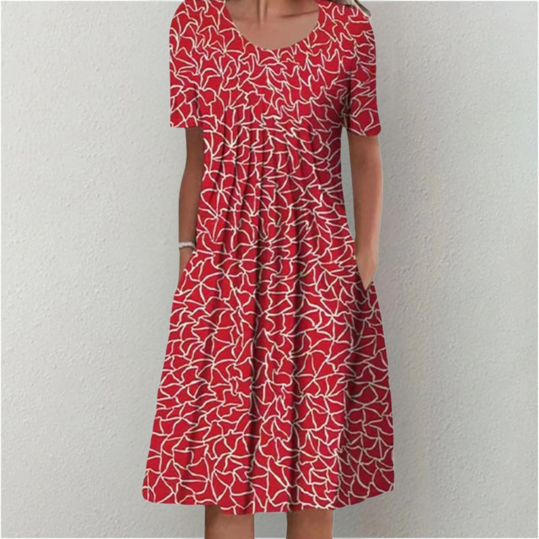 Women's Floral Print A-Line Midi Dress Short Sleeve
