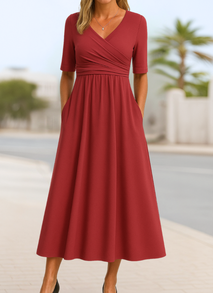 Wrap Front Midi Dress Short Sleeve V-Neck with Pockets