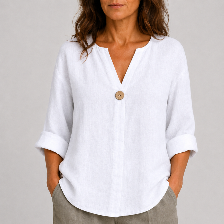 Women's Linen V-Neck Blouse Rolled Sleeve Single Button