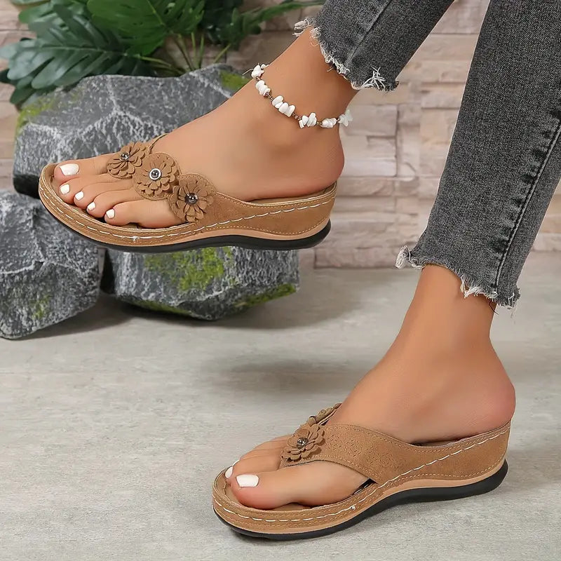 Women's Open Toe Wedge Flip Flop Sandals with Floral Toe Post Detail