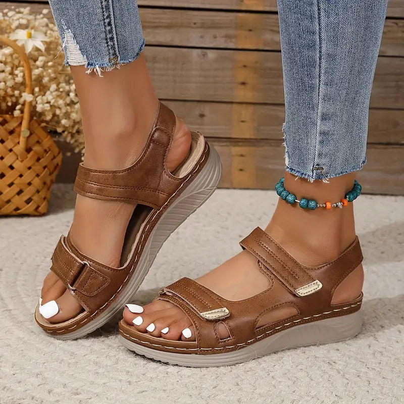 Women's Open Toe Wedge Sandals with Two Hook and Loop Straps and Gold Detail