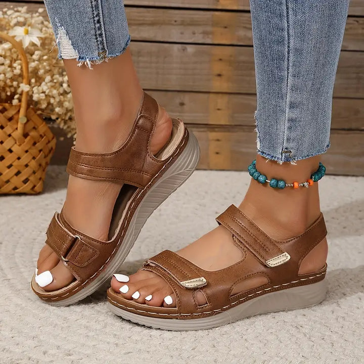 Women's Open Toe Wedge Sandals with Two Hook and Loop Straps and Gold Detail