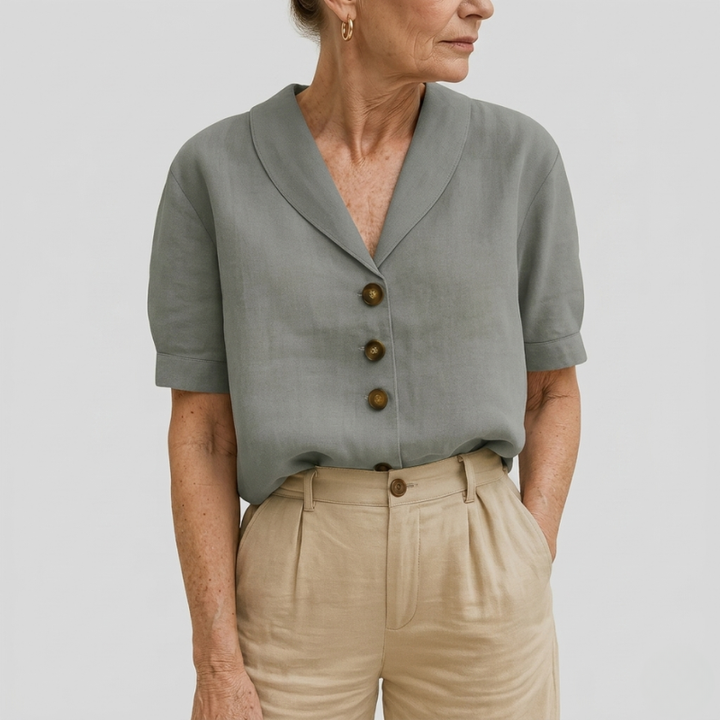 Women's Elegant Linen Blouse Shawl Collar Button
