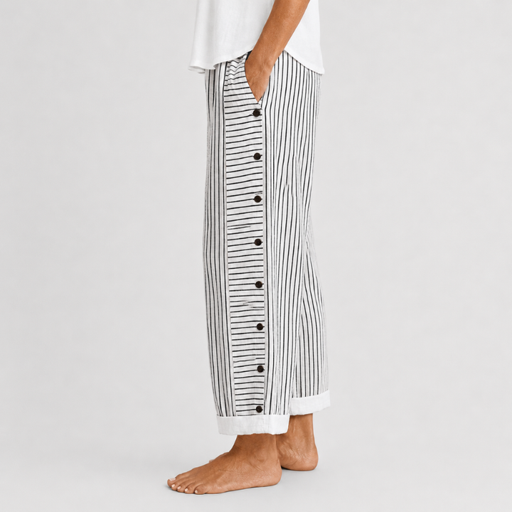 Women's Wide Leg Striped Pants with Side Button Detail and Roll-Up Hem