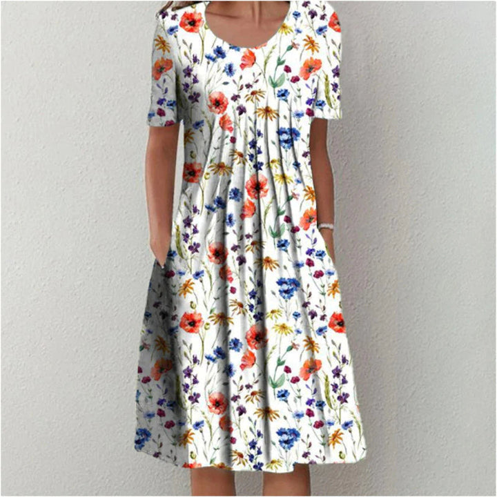 Women's Floral Print A-Line Midi Dress Short Sleeve