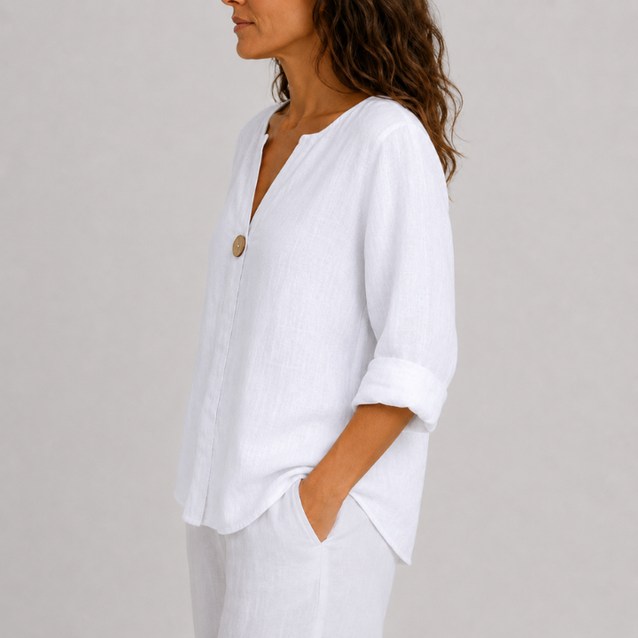 Women's Linen V-Neck Blouse Rolled Sleeve Single Button