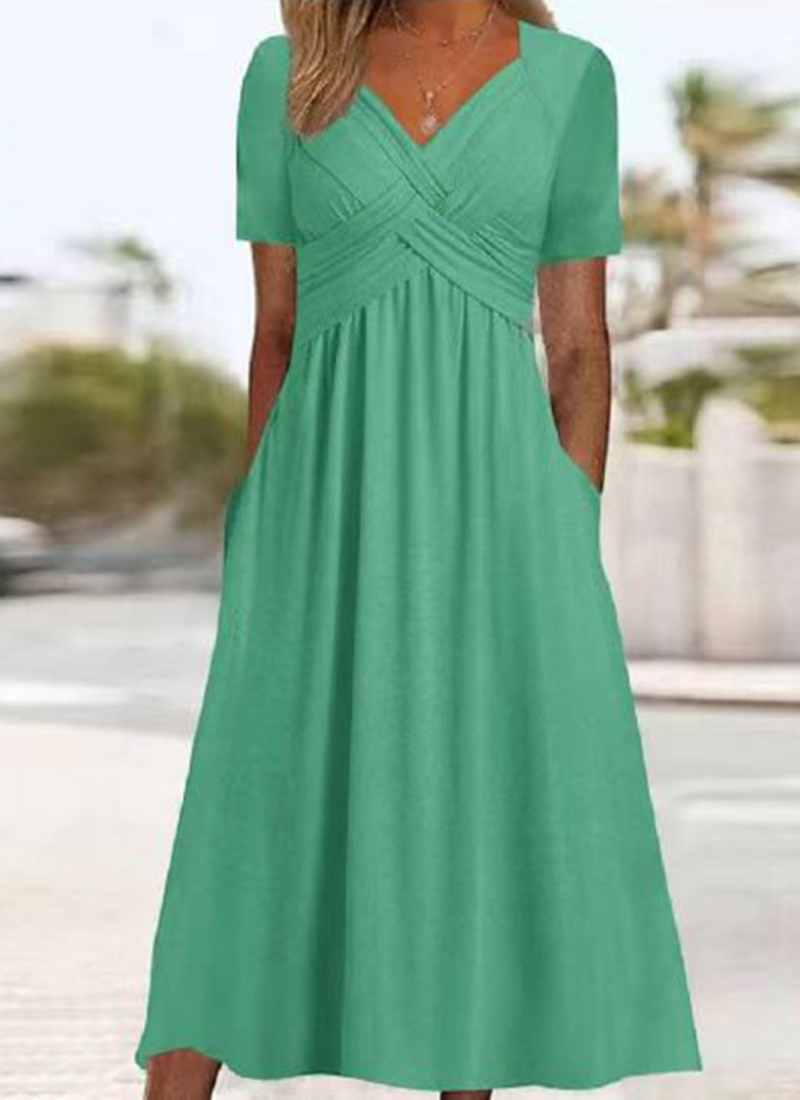 Wrap Front Midi Dress Short Sleeve V-Neck with Pockets