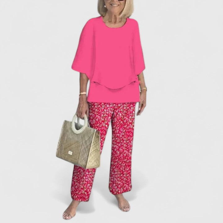Women's Two-Piece Set with Layered Top and Printed Wide-Leg Pants