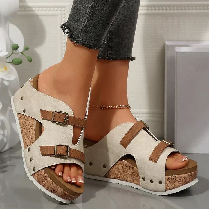 Women's Open Toe Platform Wedge Sandals with Double Buckle Straps