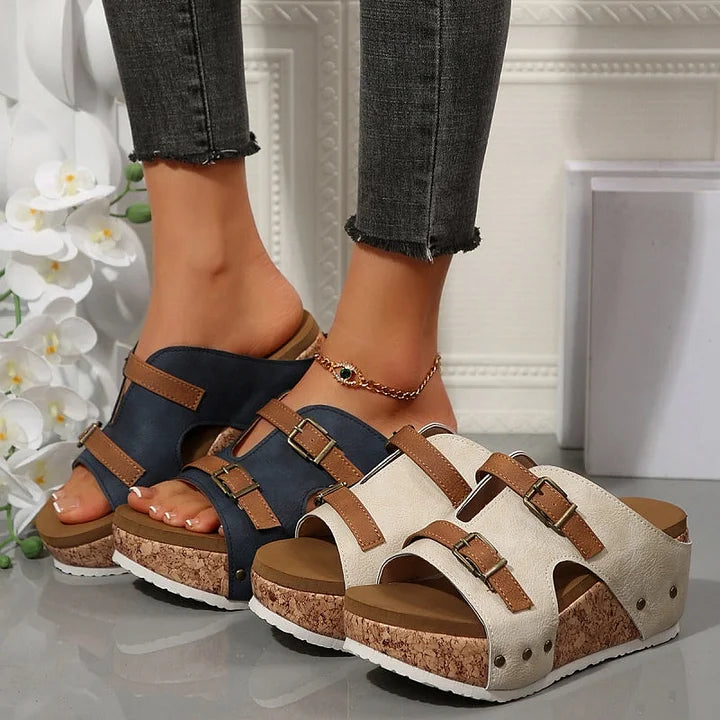 Women's Open Toe Platform Wedge Sandals with Double Buckle Straps
