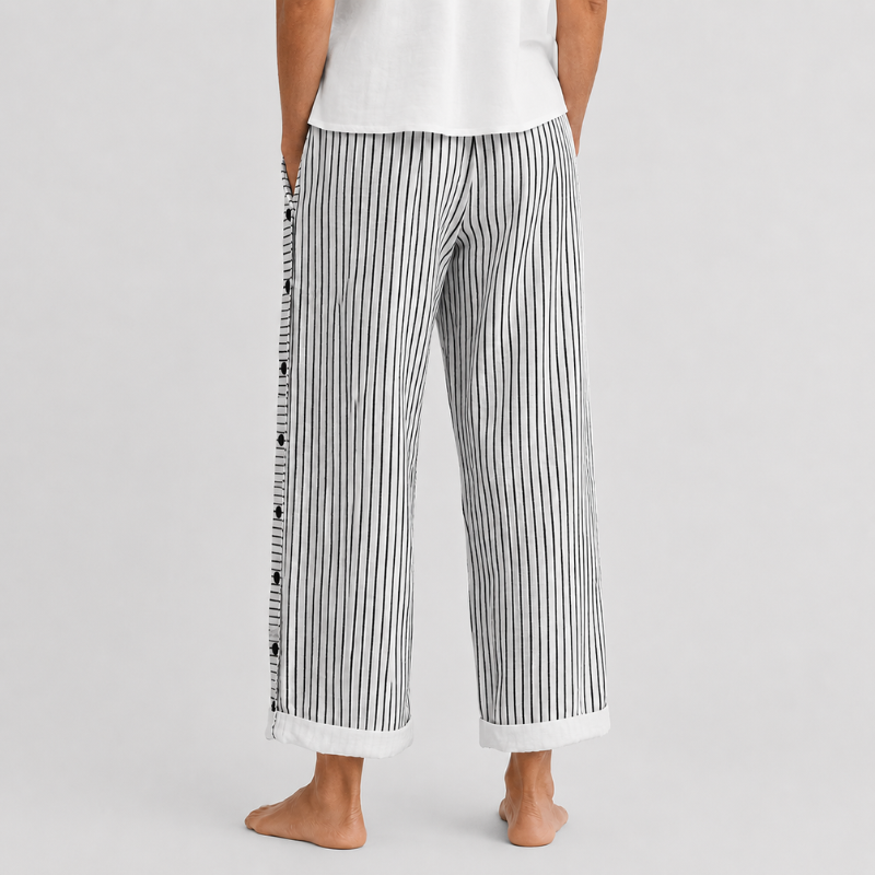 Women's Wide Leg Striped Pants with Side Button Detail and Roll-Up Hem