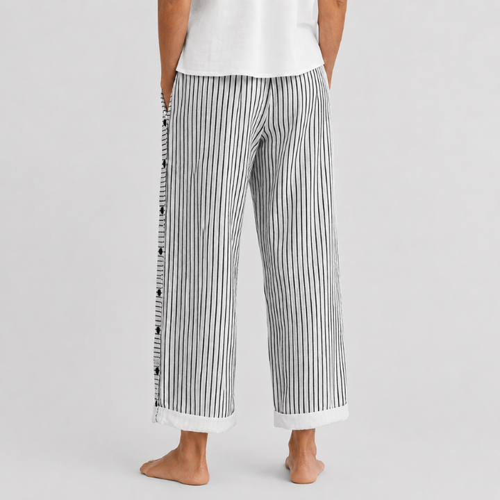 Women's Wide Leg Striped Pants with Side Button Detail and Roll-Up Hem