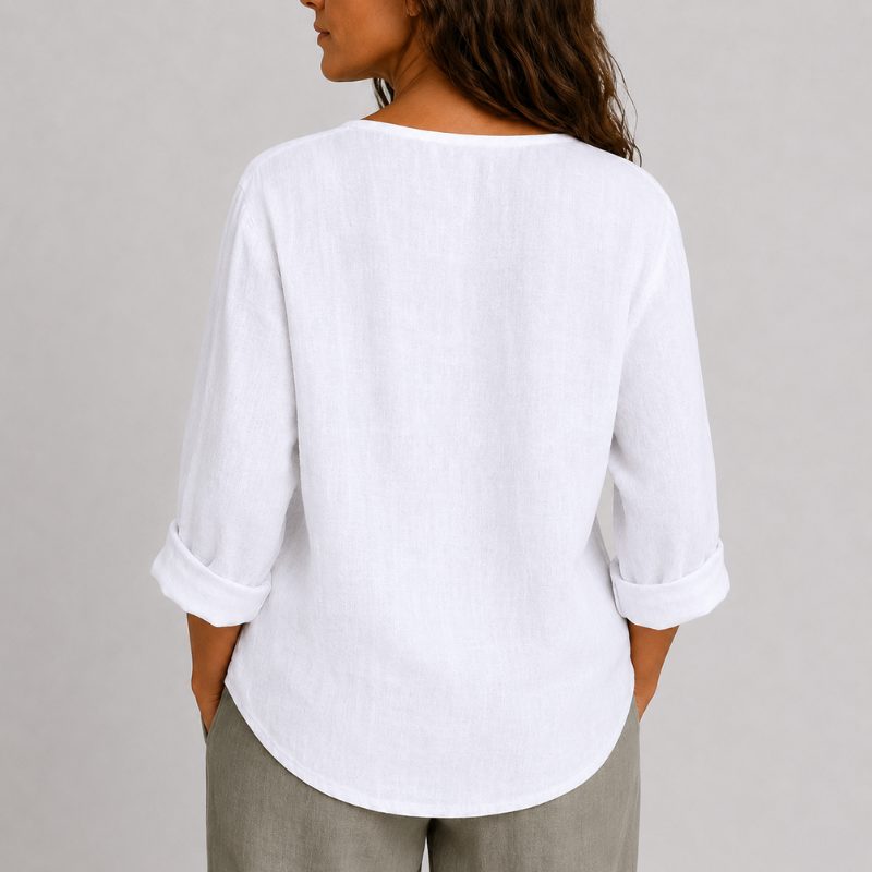 Women's Linen V-Neck Blouse Rolled Sleeve Single Button