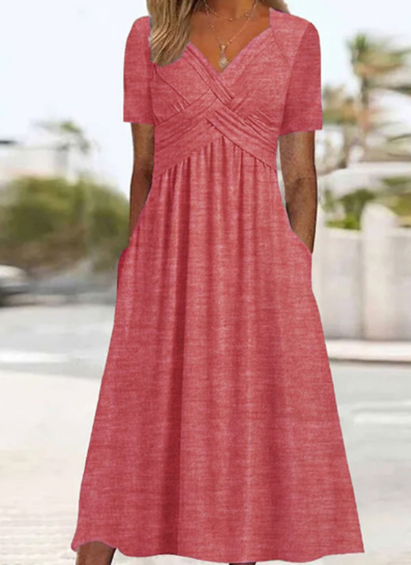 Wrap Front Midi Dress Short Sleeve V-Neck with Pockets