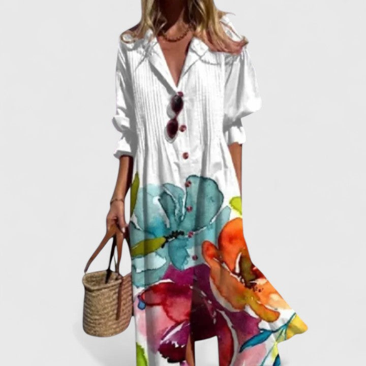 Women's Tropical Print Shirt Midi Dress Button Front