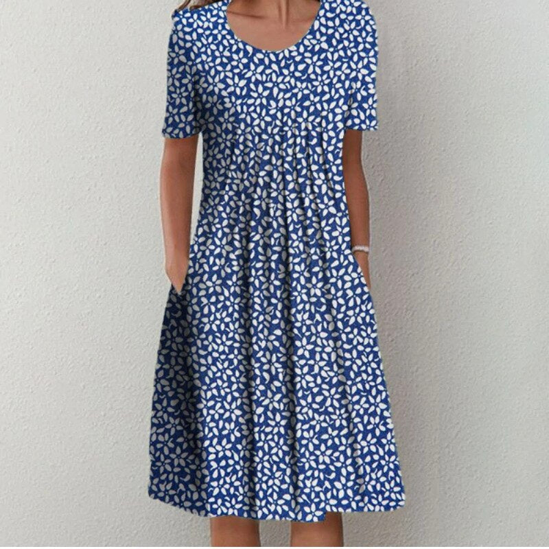 Women's Floral Print A-Line Midi Dress Short Sleeve