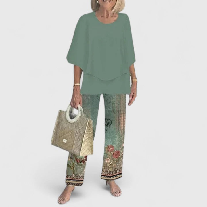 Women's Two-Piece Set with Layered Top and Printed Wide-Leg Pants