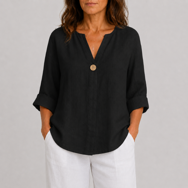 Women's Linen V-Neck Blouse Rolled Sleeve Single Button