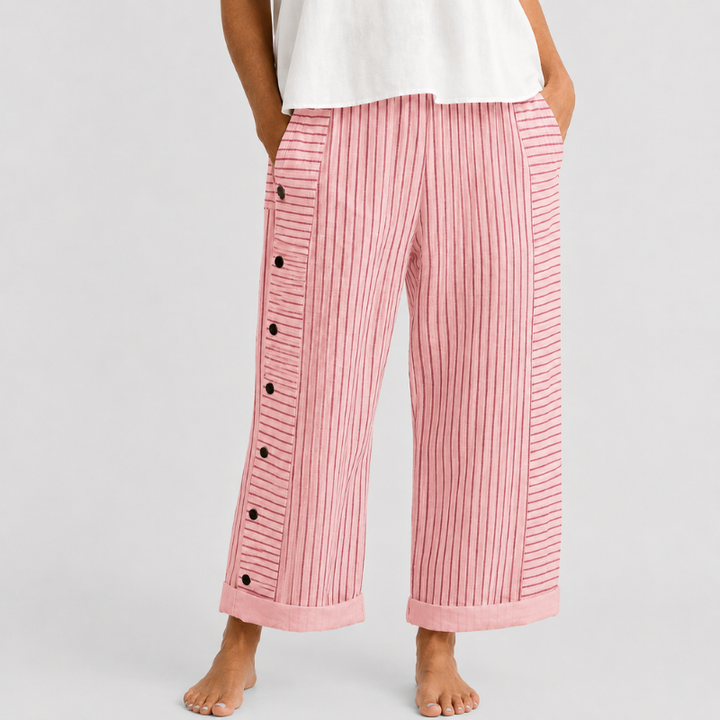 Women's Wide Leg Striped Pants with Side Button Detail and Roll-Up Hem