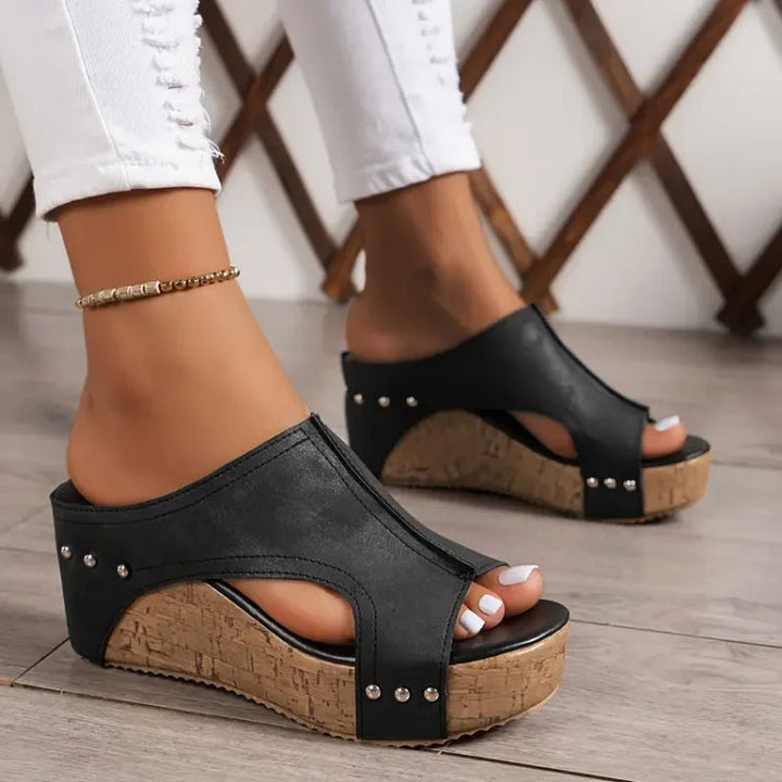 Women's Open Toe Cork Wedge Mule Sandals with Stud Detail and Side Cut-Out