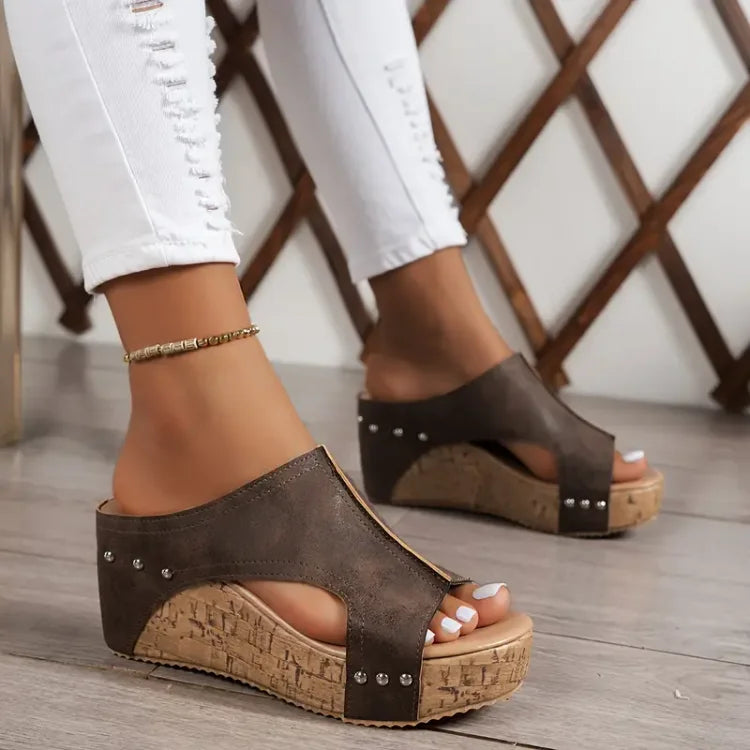 Women's Open Toe Cork Wedge Mule Sandals with Stud Detail and Side Cut-Out