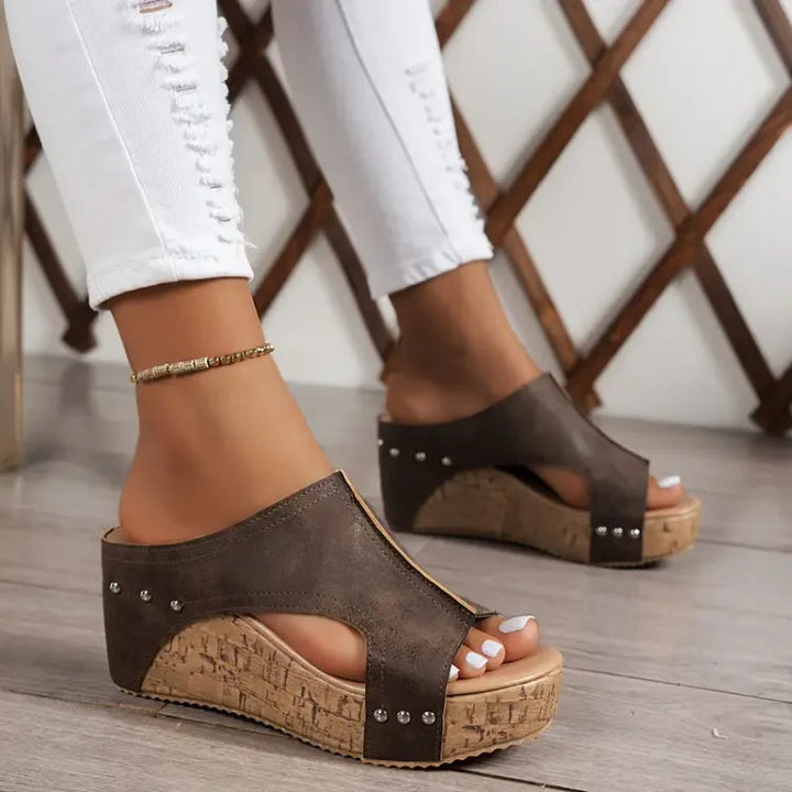 Women's Open Toe Cork Wedge Mule Sandals with Stud Detail and Side Cut-Out