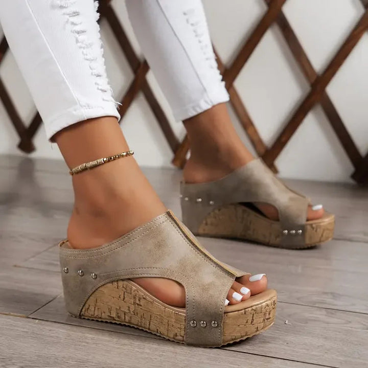 Women's Open Toe Cork Wedge Mule Sandals with Stud Detail and Side Cut-Out