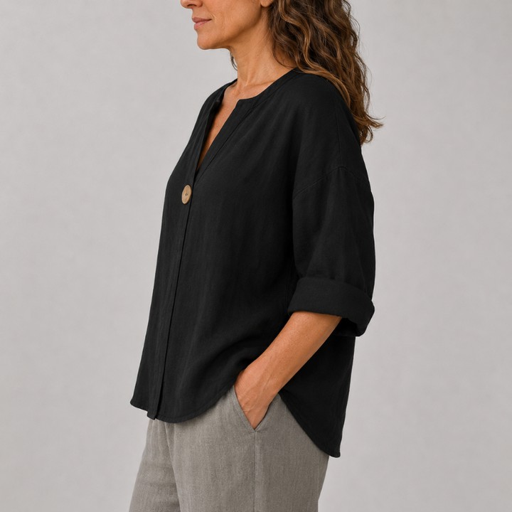 Women's Linen V-Neck Blouse Rolled Sleeve Single Button