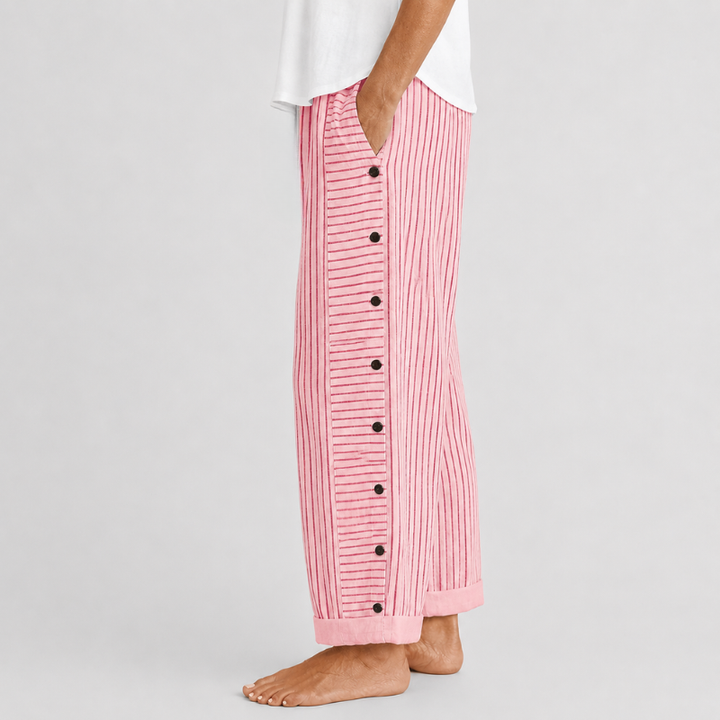 Women's Wide Leg Striped Pants with Side Button Detail and Roll-Up Hem