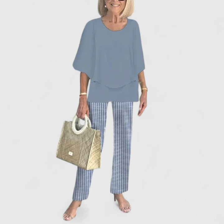 Women's Two-Piece Set with Layered Top and Printed Wide-Leg Pants