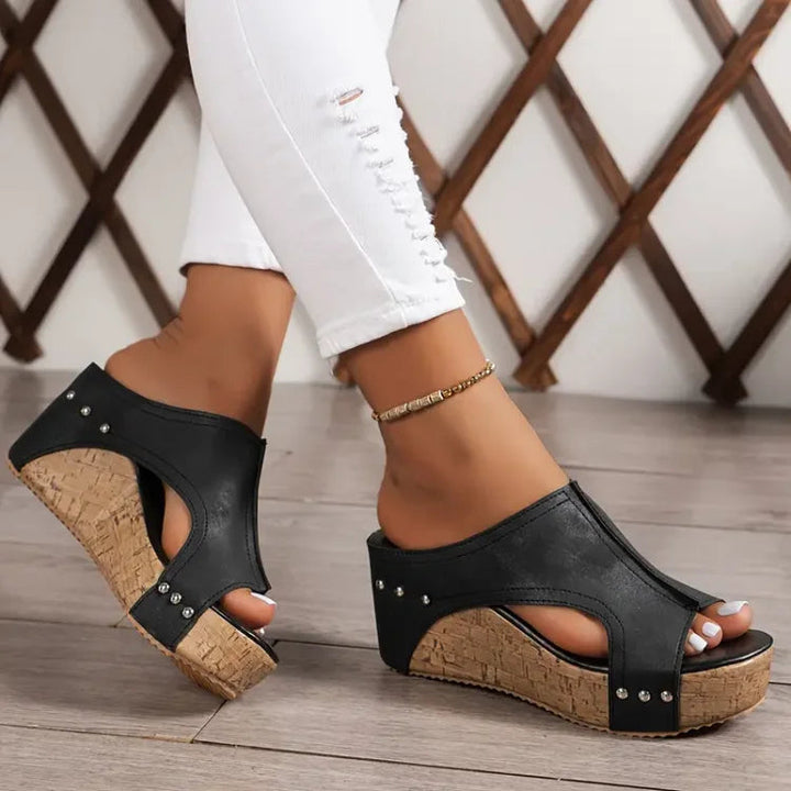 Women's Open Toe Cork Wedge Mule Sandals with Stud Detail and Side Cut-Out
