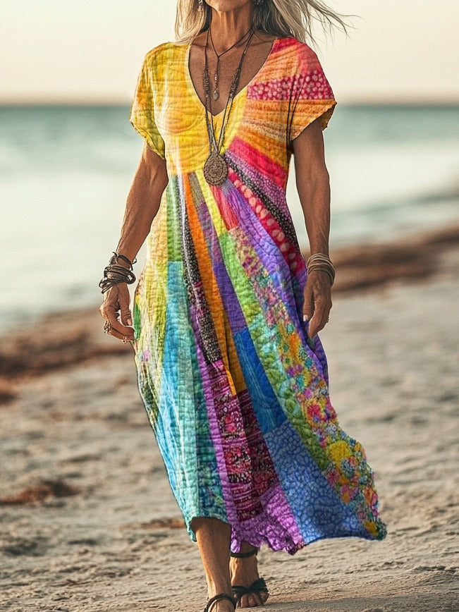 Boho Long Sleeve Maxi Dress V-Neck Patchwork Print