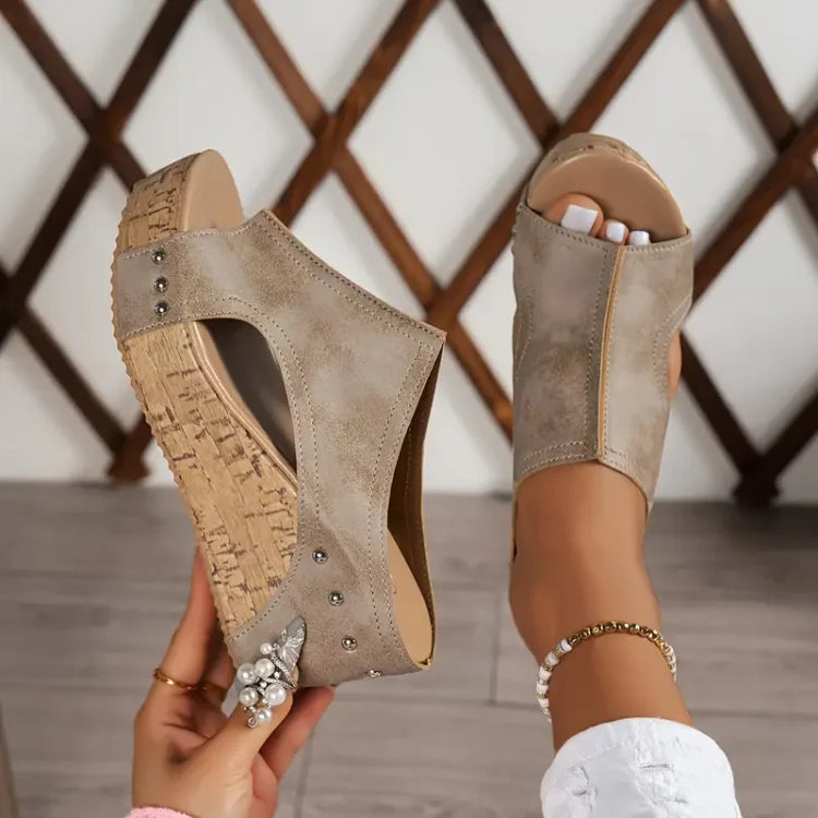 Women's Open Toe Cork Wedge Mule Sandals with Stud Detail and Side Cut-Out