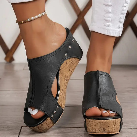 Women's Open Toe Cork Wedge Mule Sandals with Stud Detail and Side Cut-Out