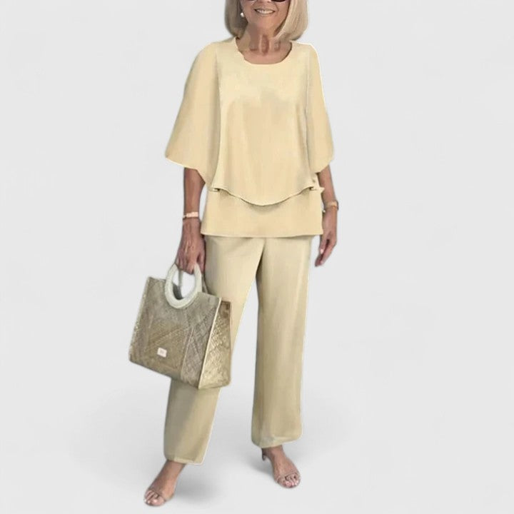 Women's Two-Piece Set with Layered Top and Printed Wide-Leg Pants