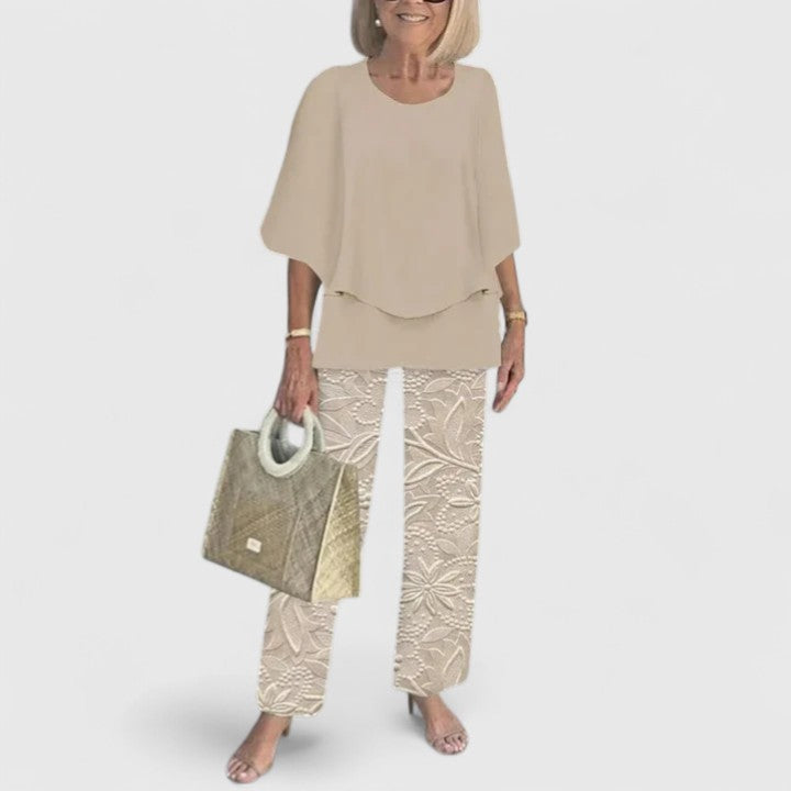 Women's Two-Piece Set with Layered Top and Printed Wide-Leg Pants
